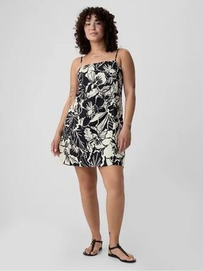 Gap Floral Print Black & Cream Linen Blend Mini Dress NWT Sz XL $69.95